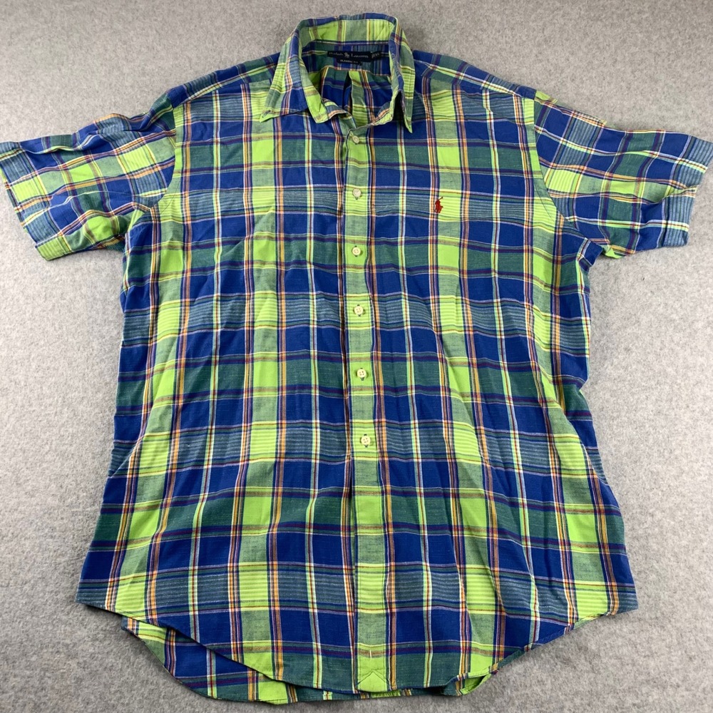 Ralph Lauren Button Down Shirt Mens XL Blue Green Plaid Classic Fit Short Sleeve